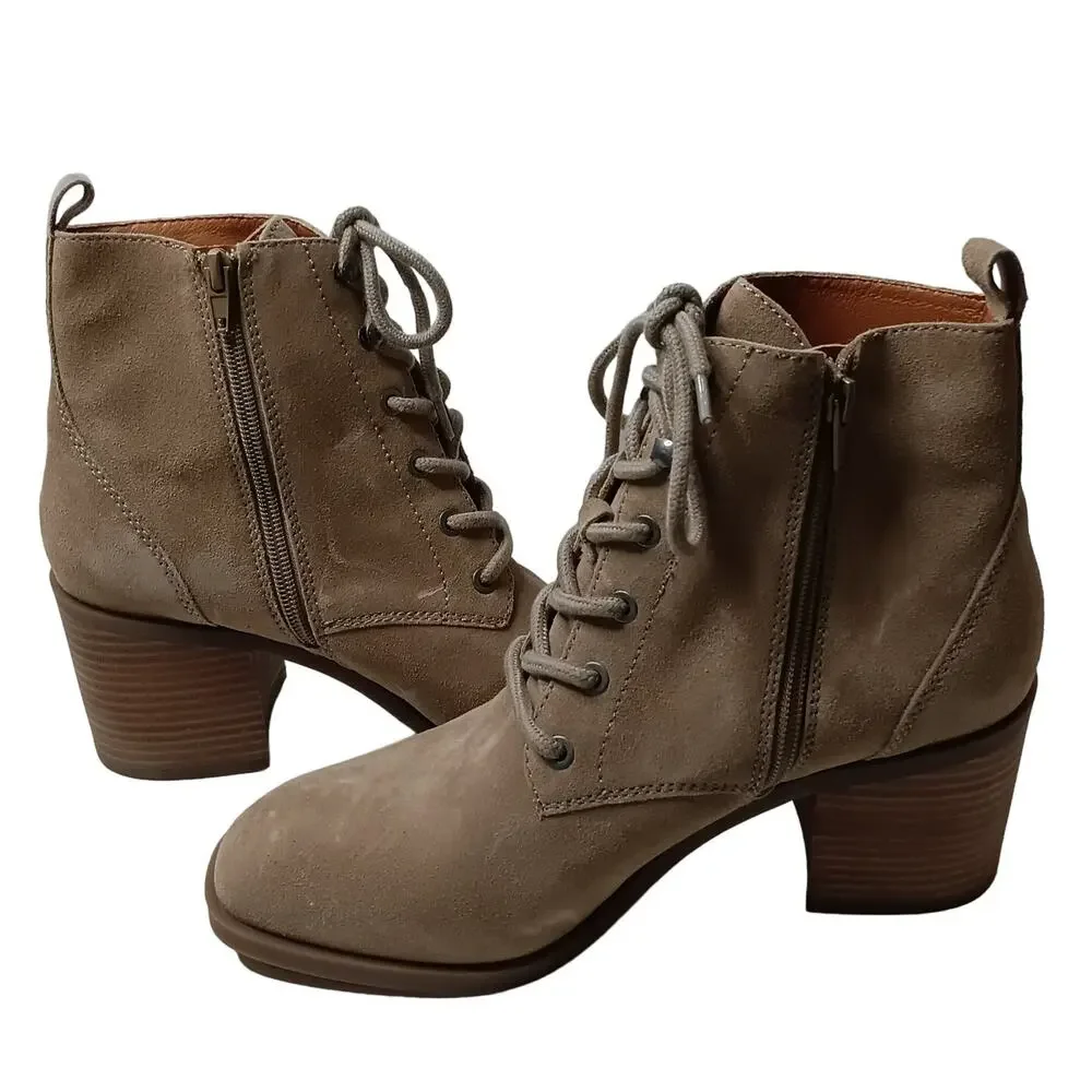 Lucky Brand Wadil Stone Taupe‎ Suede Leather Lace up Combat Ankle Boots Booties